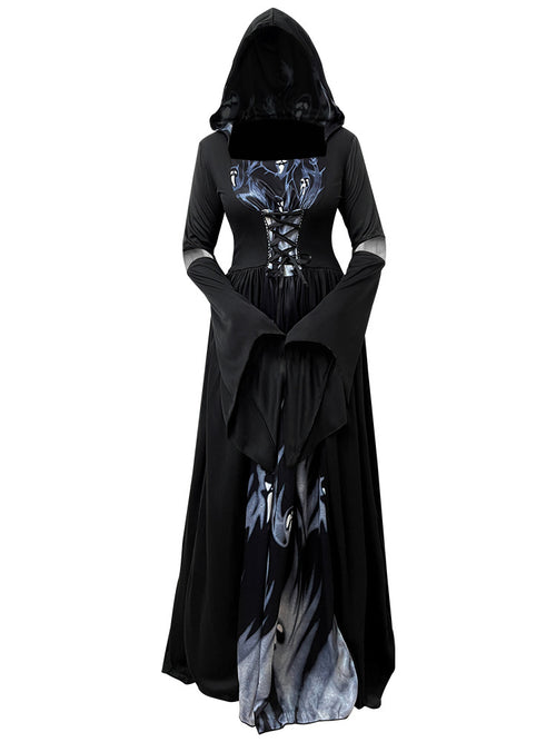 2025 New Halloween Witch Dress Hooded Skeleton Witch Magician Cosplay Stage Performance Costume