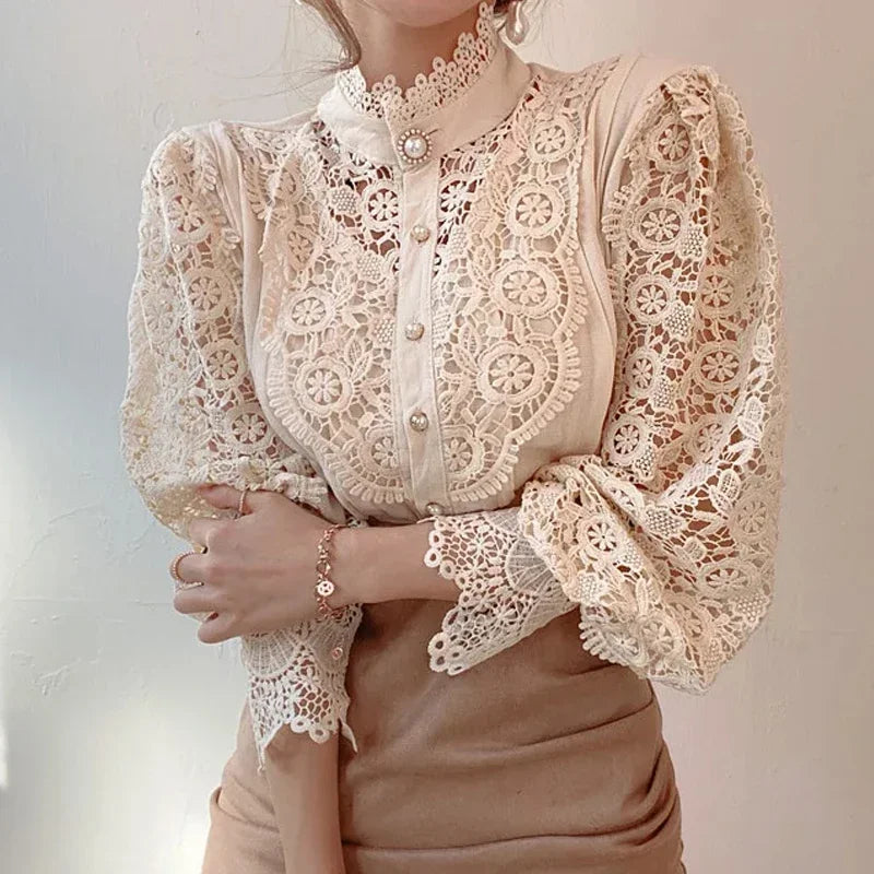 New Women's Long Sleeve High Neck  Chic Blouse, Lace Paneled Hollow Sleeve Elegant Top, Vintage Fashion Office Lady Outfits