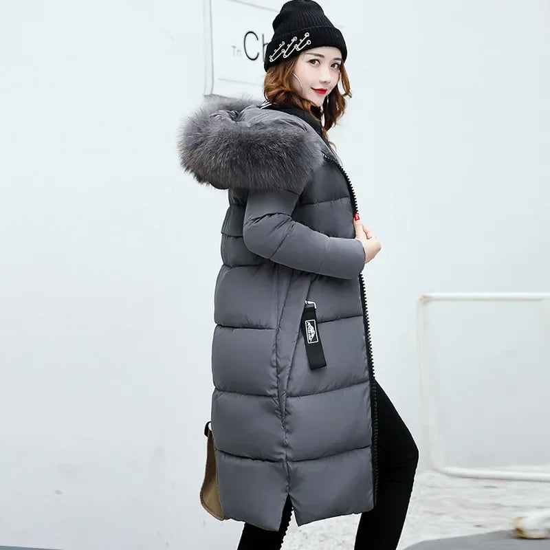 Kalenmos 2021 Fall New Women's Long Parkas Hooded Big Fur Collar Down Padded Coat Woman Korean Solid Color Streetwear Bread Tops